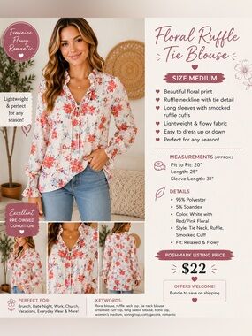 Women's Floral Tie-Neck Blouse - White with Red Floral
